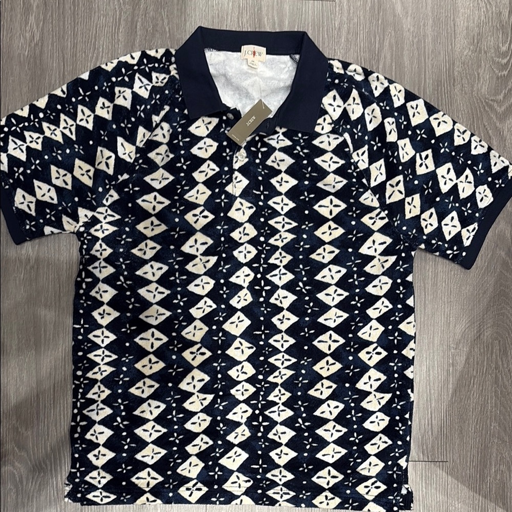 J Crew Men's Navy and White Patterned Polo